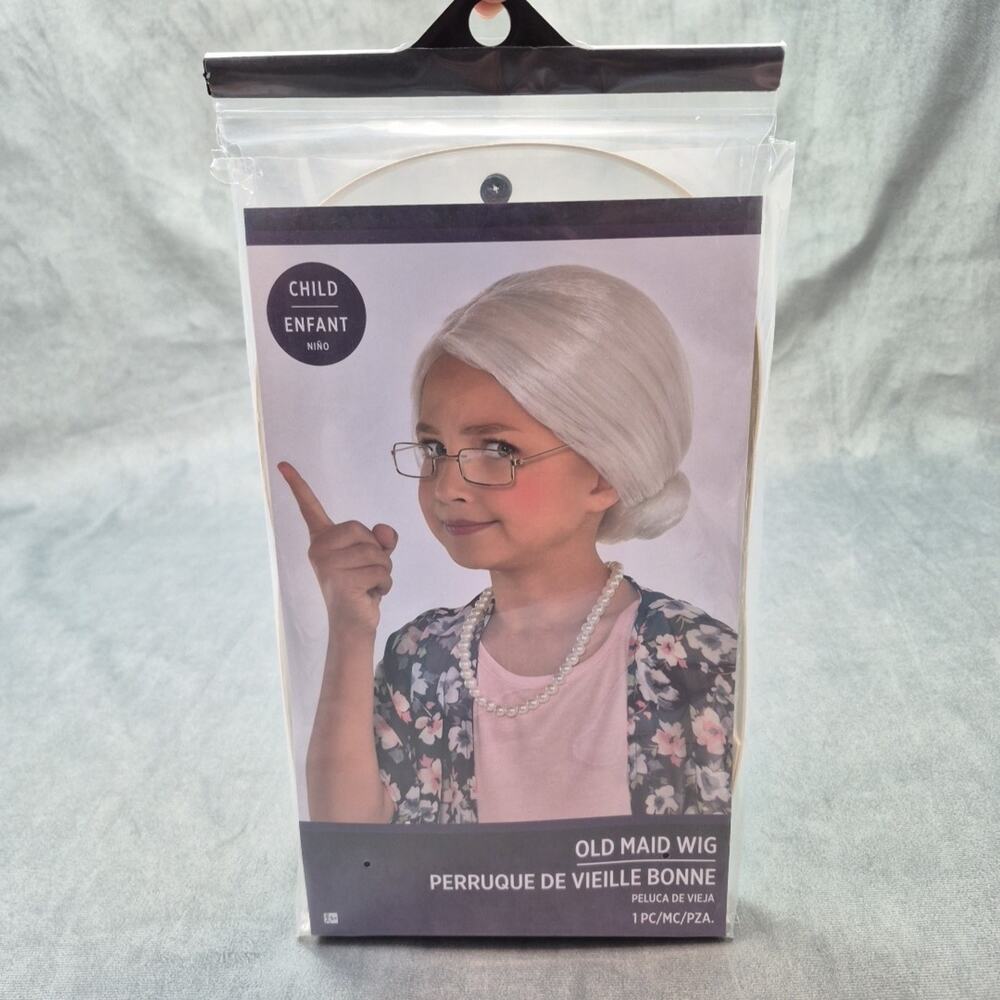 Old Maid Wig Old Lady White Fancy Dress Up Halloween Child Costume Accessory